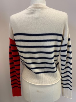 NORDSTROM SIGNATURE, Ivory White, Navy Blue, Red, Cashmere, Stripes - Horizontal , L/S, CN, Red Left Sleeve