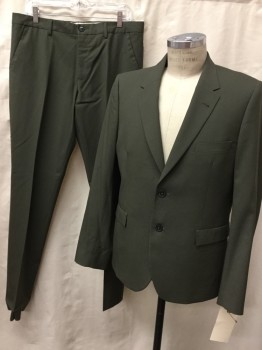 PAUL SMITH, Olive Green, Wool, Solid, Single Breasted, 2 Buttons, Notched Lapel, 3 Pockets,
