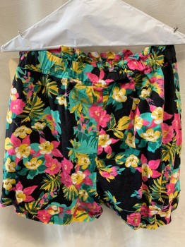 Womens, Shorts, EXPRESS, Black, Pink, Aqua Blue, Yellow, Teal Green, Linen, Cotton, Floral, M, Elastic Ruffeled Waist, 2 Pockets, Cuffed, Retro 1980's Looking, Zip Fly with Skirt Clasp Closure