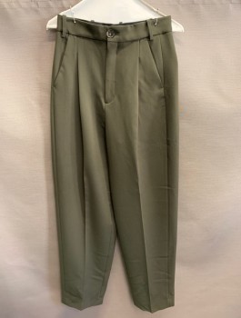 ZARA, Olive Green, Polyester, Viscose, Solid, Zip Front, Button Closure, Pleated Front, 4 Pockets, Creased Front