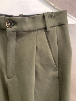 ZARA, Olive Green, Polyester, Viscose, Solid, Zip Front, Button Closure, Pleated Front, 4 Pockets, Creased Front