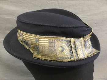 Womens, Hat 1890s-1910s, MTO, Navy Blue, Silver, Slate Blue, Gold, Solid, Navy with 1-1/2" Silver, Slate Blue Abstract Block Ribbon with Self Bow Around the Crown,