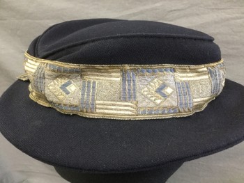 Womens, Hat 1890s-1910s, MTO, Navy Blue, Silver, Slate Blue, Gold, Solid, Navy with 1-1/2" Silver, Slate Blue Abstract Block Ribbon with Self Bow Around the Crown,
