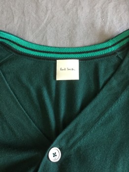 PAUL SMITH, Green, Wool, Solid, Forrest Green, V-neck, 5 Large Abalone Button Front, Long Sleeves, Teal Green with Black Stripe in the Middle Inside Collar & Front Placket