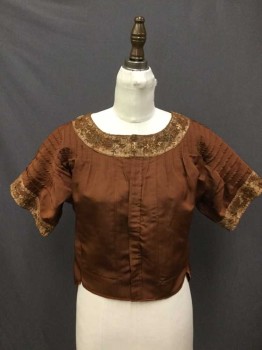 MTO, Brown, Cream, Silk, Lace, Solid, Floral, Brown Ribbed Silk, Hook & Eye Front with Hidden Placket, Dolman Short Sleeve,  Pleated Across Top, Cream/Brown Embroidered Mesh Collar/Cuff Detail, Scoop Neck, Scalloped Hem At Side Seams,