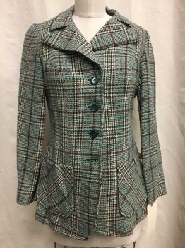 Womens, Jacket, Collge Town, Forest Green, White, Brown, Red, Wool, Nylon, Plaid, Button Front, Notch Lapel, 2 Pockets,