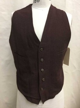 Mens, Vest 1890s-1910s, N/L MTO, Brown, Ivory White, Wool, Stripes - Pin, Ch 42, Brown with Stripes, Button Front, 4 Pockets,
