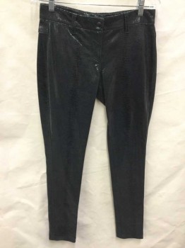 Womens, Leather Pants, N/L, Black, Gray, Leather, Reptile/Snakeskin, 30, Patent Black/gray Reptile Leather Pants, 1-3/4" Waistband, Belt Hoops, Zip Front, 1 Snap Front
