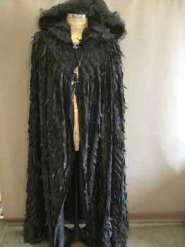 Unisex, Sci-Fi/Fantasy Cape/Cloak, N/L, Black, Dk Green, Polyester, Netting, O/S, Sheer Net Base with Hanging "Feather" Like Black Satin In Intricate Pattern, 3 Black Toggle Closures with Pleather Loops At Center Front, Hooded, Floor Length Hem, Dark Green Tulle Crinkled Trim At Face Opening Of Hood & Hem