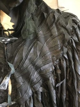 Unisex, Sci-Fi/Fantasy Cape/Cloak, N/L, Black, Dk Green, Polyester, Netting, O/S, Sheer Net Base with Hanging "Feather" Like Black Satin In Intricate Pattern, 3 Black Toggle Closures with Pleather Loops At Center Front, Hooded, Floor Length Hem, Dark Green Tulle Crinkled Trim At Face Opening Of Hood & Hem