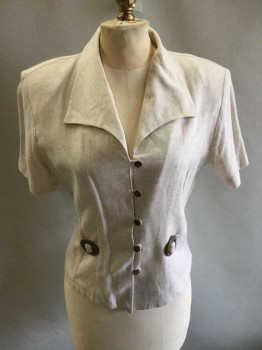 Womens, Blazer, N/L, Oatmeal Brown, Cotton, Linen, Heathered, 6, S/S,  Coconut Shell Buckles and Buttons, Knit Panels and Sleeves, Collar Attached, Button Front, Shoulder Pads