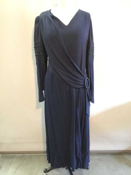 Womens, Evening Gown, MTO, Navy Blue, Wool, Acetate, Solid, W 32, B 36, V-neck, Long Sleeves, Heavy Crepe, Pin Tucks At Shoulders, Attached Shoulder Sash with Blue Metallic Buckle At Hip, Crochet and Beaded Appliqué Arm Bands, Side Zipper, 1930s