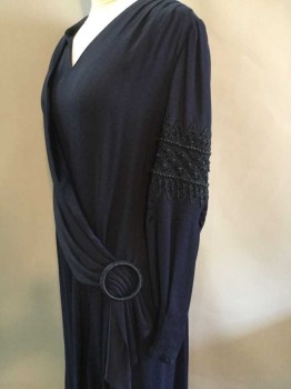 Womens, Evening Gown, MTO, Navy Blue, Wool, Acetate, Solid, W 32, B 36, V-neck, Long Sleeves, Heavy Crepe, Pin Tucks At Shoulders, Attached Shoulder Sash with Blue Metallic Buckle At Hip, Crochet and Beaded Appliqué Arm Bands, Side Zipper, 1930s