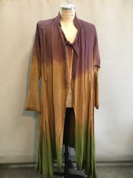 NO LABEL , Clay Orange, Green, Brown, Cotton, Ombre, Artisan Dyed in Horizontal Areas, Stand Collar, Asymmetric Front Closure with Self Tie, L/S, Floor Length, Made To Order