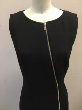 BOSS, Black, Polyester, Spandex, Solid, Asymmetrical Silver Front Zipper, Round Neck,  Sleeveless, Wrinkled Texture