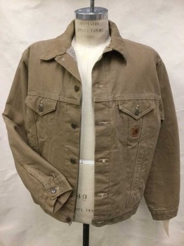 CARHARTT, Khaki Brown, Cream, Cotton, Polyester, Solid, Khaki W/cream Sheep Lining, Collar Attached, Brass Button Front, Long Sleeves,