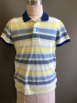 LAND'S END, Mint Green, Lt Blue, Navy Blue, Lt Yellow, White, Cotton, Stripes, Pique Polo, Blue Ribbed Knit Collar/Cuff