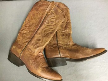 DAN POST, Brown, Lt Brown, Leather, Brown Leather with Brown and Light Brown Embroidery, Black Piping Accents, 1.5" Heel  **Worn/Scuffed Throughout