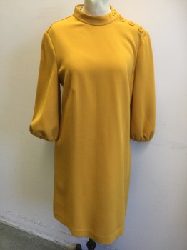 ANN TAYLOR, Mustard Yellow, Polyester, Viscose, Solid, Mustard, Band Collar with 4 Large Yellow Buttons on Left Shoulder, Zip Back, 3/4 Bell Sleeves
