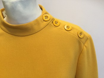 ANN TAYLOR, Mustard Yellow, Polyester, Viscose, Solid, Mustard, Band Collar with 4 Large Yellow Buttons on Left Shoulder, Zip Back, 3/4 Bell Sleeves