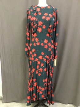 H&M, Dk Green, Red, Black, White, Viscose, Floral, Round Neck, Long Sleeves, Ruffles, Back Zipper, Full Length with Long Bias Ruffle and Deep Slit