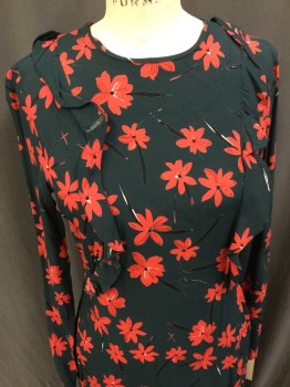 H&M, Dk Green, Red, Black, White, Viscose, Floral, Round Neck, Long Sleeves, Ruffles, Back Zipper, Full Length with Long Bias Ruffle and Deep Slit