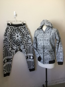Mens, Sweatsuit Jacket, KIX, Black, White, Polyester, Cotton, Abstract , S, Sweatshirt with Hood, Black/white Geometric Abstract, Zip Front, Black Knit Hem & Long Sleeves Cuffs, Zip Front, 2 Slant Pockets, with Matching Pants