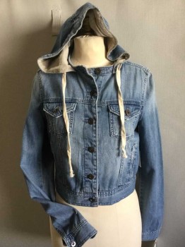 FOREVER 21, Lt Blue, Cotton, Heathered, Light Blue Denim Jeans Collar Attached W/hood, Metal Button Front, Long Sleeves,