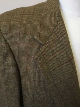 SOUTHWICK NORDSTROM, Olive Green, Orange, Maroon Red, Dk Olive Grn, Lt Brown, Wool, Plaid, Single Breasted, Collar Attached, Notched Lapel, 3 Pockets, 2 Buttons,