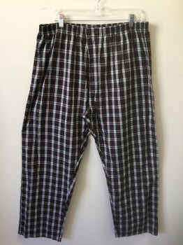 HANES, Black, White, Red, Cotton, Polyester, Plaid-  Windowpane, Black with White and Red Windowpane Stripes, Elastic Waist, 2 Buttons at Center Front Waist