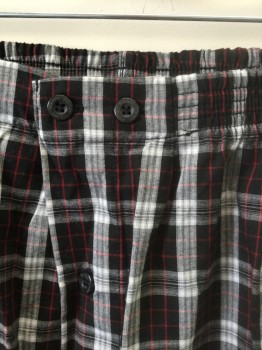 HANES, Black, White, Red, Cotton, Polyester, Plaid-  Windowpane, Black with White and Red Windowpane Stripes, Elastic Waist, 2 Buttons at Center Front Waist