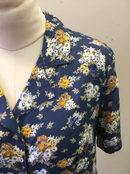SERENGETI, Navy Blue, White, Yellow, Olive Green, Rayon, Floral, Button Front, Collar Attached, Notched Lapel, Short Sleeves, Hem Below Knee, 2 Pockets, ***Barcode Behind Pocket***