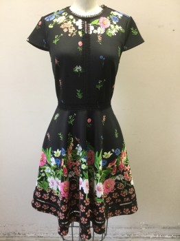 TED BAKER, Black, Multi-color, Polyester, Elastane, Floral, Black with Multicolor Floral Pattern, Cap Sleeve, Round Neck, Black Lace at Neck, Waistline, and Vertical Stripe From Center Front Neck to Waist, A-Line, Knee Length, Black Open Lacework Near Hem
