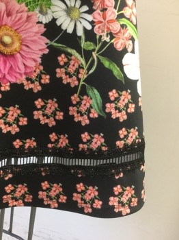 TED BAKER, Black, Multi-color, Polyester, Elastane, Floral, Black with Multicolor Floral Pattern, Cap Sleeve, Round Neck, Black Lace at Neck, Waistline, and Vertical Stripe From Center Front Neck to Waist, A-Line, Knee Length, Black Open Lacework Near Hem