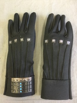 Unisex, Sci-Fi/Fantasy Gloves, MTO, Black, Polyester, Rubber, Solid, XS Wo, Stitched Creases, Rubbery Plates and Do Dads