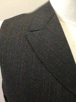 Mens, Historical Fiction Piece 1, JEL-MEZ, Charcoal Gray, Gray, Maroon Red, Gold, Wool, Stripes, Herringbone, 44, Button Front, Notched Lapel, 4 Pockets, Striped Silver Silk Back with Self Belt