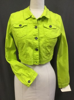 NEW LOOK, Neon Green, Cotton, Spandex, Solid, Cropped, Jean Jacket Cut, Button Front,