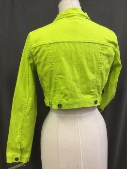 NEW LOOK, Neon Green, Cotton, Spandex, Solid, Cropped, Jean Jacket Cut, Button Front,