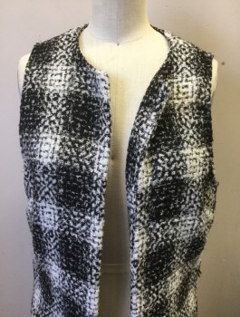 BCBG, Black, White, Wool, Plaid, Speckled, Coat Length Vest, Nubby Texture, Open at Center Front with No Closures, 2 Patch Pockets