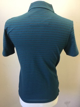 PERRY ELLIS, Teal Blue, Black, Gray, Cotton, Polyester, Stripes, Teal Blue Stripe, Black Stripe with Horizontal Stripe, Jersey Knit, Collar Attached, Short Sleeves, 2 Buttons