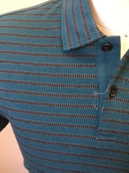 PERRY ELLIS, Teal Blue, Black, Gray, Cotton, Polyester, Stripes, Teal Blue Stripe, Black Stripe with Horizontal Stripe, Jersey Knit, Collar Attached, Short Sleeves, 2 Buttons