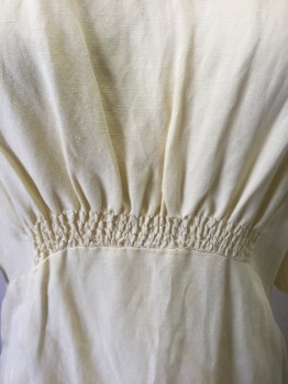 ZARA, Lt Yellow, Viscose, Linen, Solid, Flared Short Sleeves, Round Neck,  Smocked Detail at Center Front and Center Back Waist with Gathers, Slightly Flared, Midi Length, Side Zip