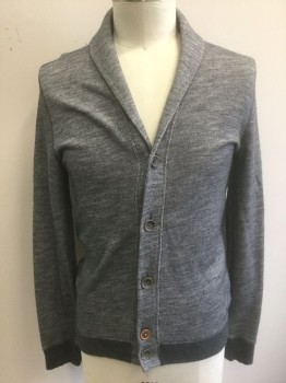 HUGO BOSS ORANGE, Medium Gray, Cotton, Wool, Heathered, Solid, Jersey/Sweatshirt Like Material, Long Sleeves, Shawl Collar, 5 Button Front
