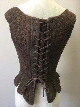 Womens, Historical Fiction Bodice, PERIOD CORSETS, Brown, Tobacco Brown, Cotton, Solid, Swirl , W26-30, B34-40, Quilted, 3 Tabs Center Front with Wood Bead, Lace Up Center Back, Steel Bones, Waist Tabs, Aged/Distressed,