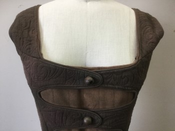 Womens, Historical Fiction Bodice, PERIOD CORSETS, Brown, Tobacco Brown, Cotton, Solid, Swirl , W26-30, B34-40, Quilted, 3 Tabs Center Front with Wood Bead, Lace Up Center Back, Steel Bones, Waist Tabs, Aged/Distressed,