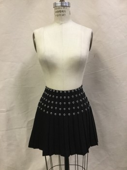 H & M, Black, Polyester, Metallic/Metal, Solid, Knife Pleated with Silver Grommets at Yoke Line, Zipper at Side Seam