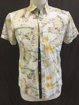 FREE PLANET, Off White, Olive Green, Mint Green, Yellow, Black, Cotton, Floral, Leaves/Vines , Off White with Palm Leaves & Floral Print, Collar Attached, Button Front, Heather Charcoal Underneath Placket, 1 Pocket, Short Sleeves,