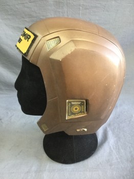 Unisex, Sci-Fi/Fantasy Helmet, N/L, Copper Metallic, Goldenrod Yellow, Black, Fiberglass, Rubber, Solid, Copper with Computer Chip/High Tech Panels, Removable Yellow/Black "Vladamir" Patch at Forehead, Split at Center Back, Made To Order