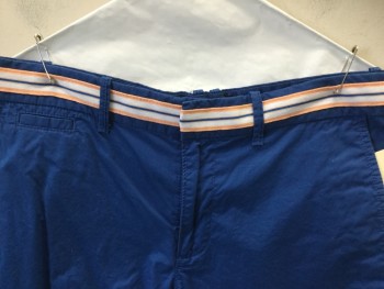 PENGUIN, Navy Blue, White, Peach Orange, Cotton, Solid, Flat Front, 5 Pockets, Navy with Peach & White Striped Trim on Waistband