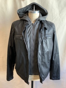 J. FERRAR, Black, Gray, Polyurethane, Faux Leather, Solid, Zip Front, Band Collar with Snap Closure, 4 Zip Pockets, Yoke, Long Sleeves, Heather Gray Zip Out Faux Hoodie